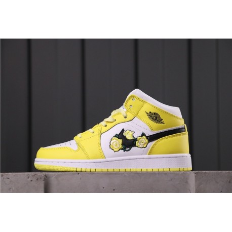 Air Jordan 1 Mid SE GS Rose Patch Yellow White Black AV5174-700